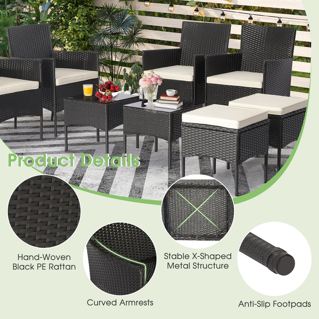 8-teiliges schwarzes Korb-Gartenmöbel-Set mit 4 Stühlen, 2 Hockern und 2 Glastischen, cremeweiß