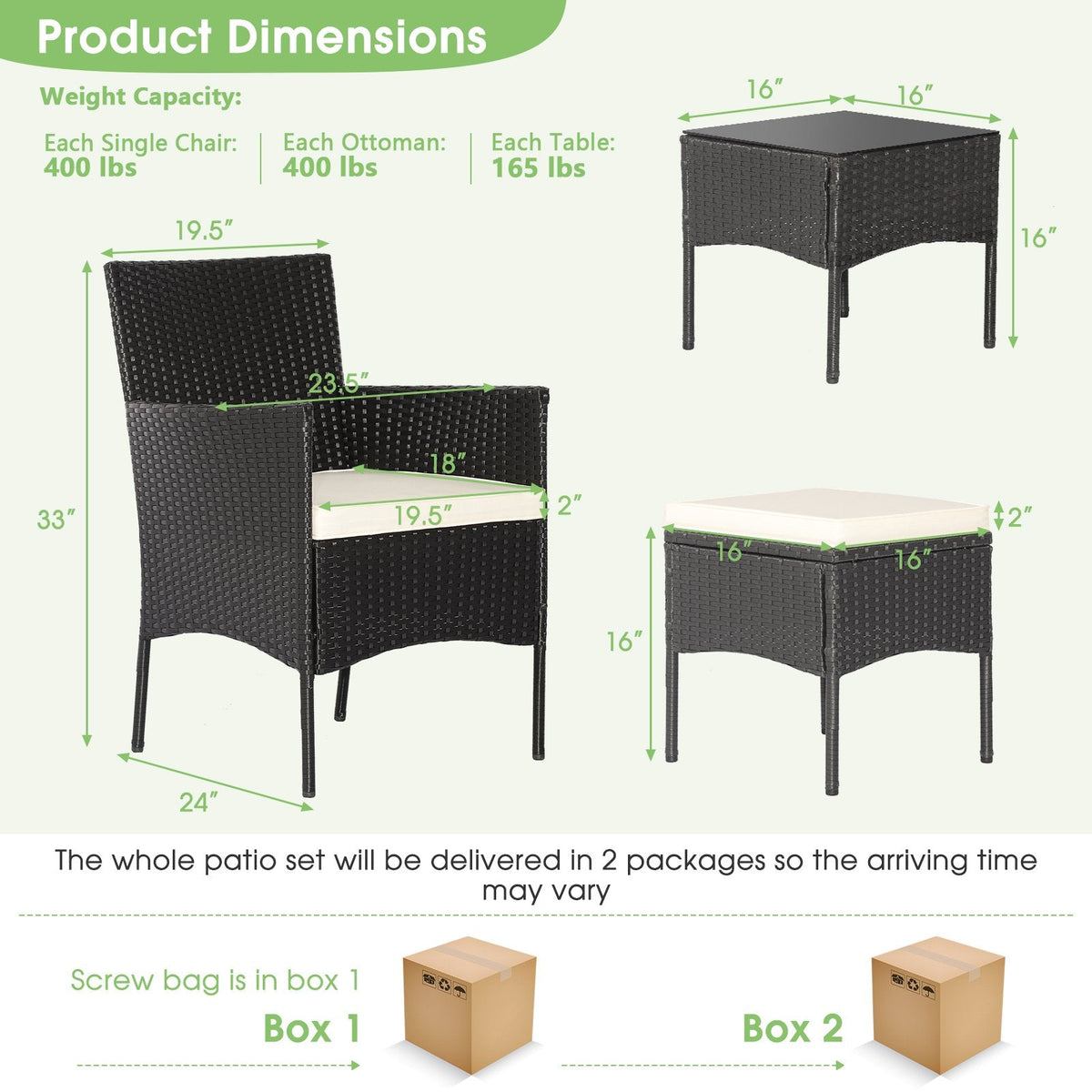 8-teiliges schwarzes Korb-Gartenmöbel-Set mit 4 Stühlen, 2 Hockern und 2 Glastischen, cremeweiß