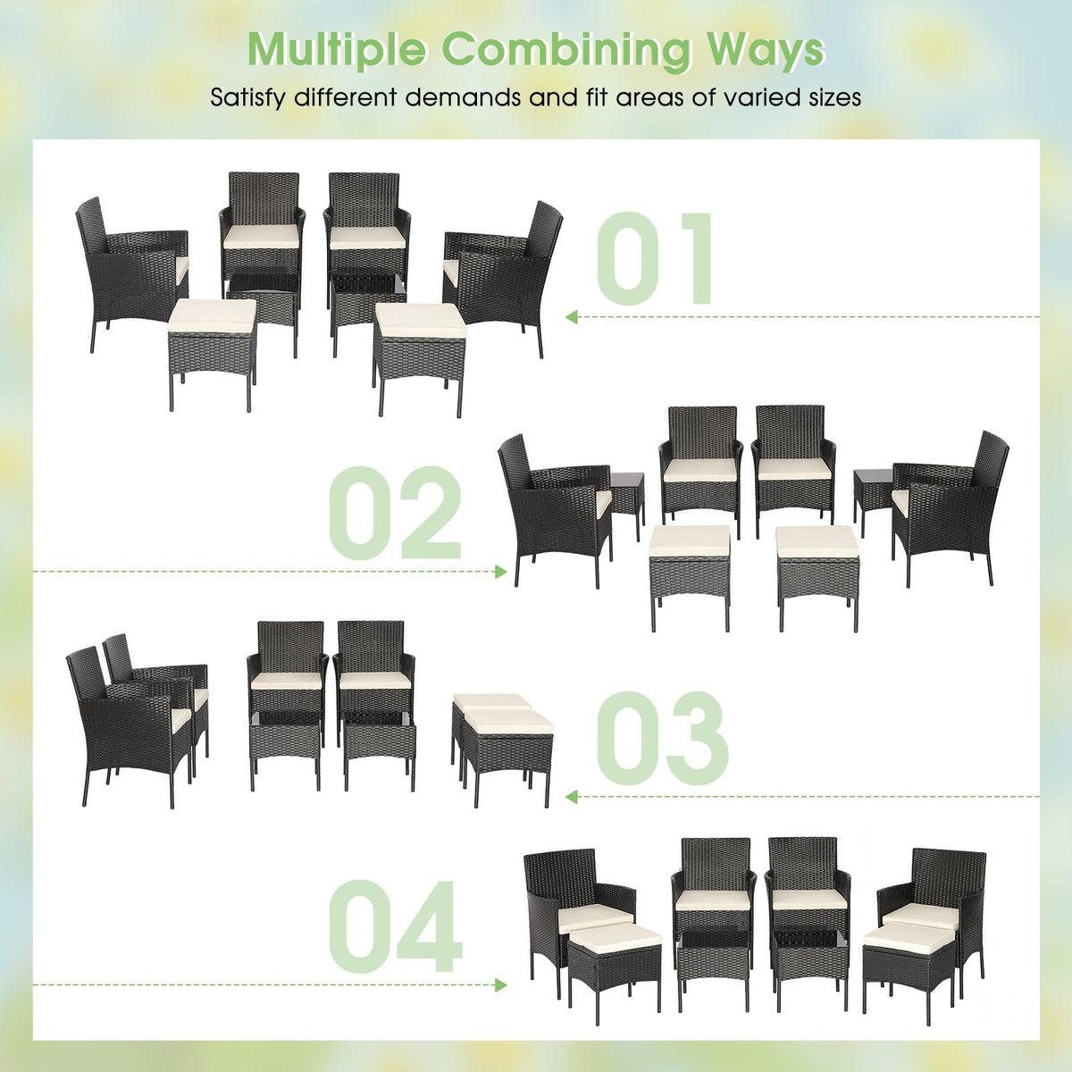8-teiliges schwarzes Korb-Gartenmöbel-Set mit 4 Stühlen, 2 Hockern und 2 Glastischen, cremeweiß