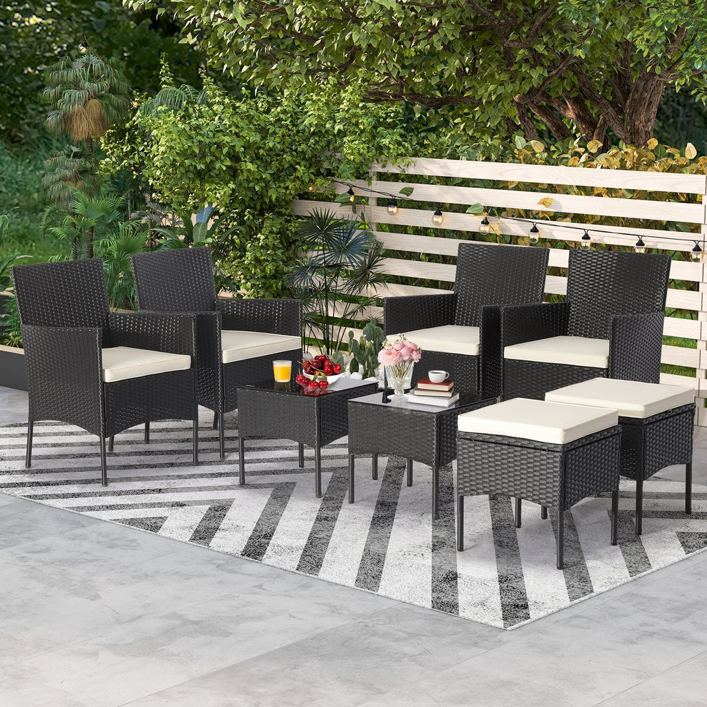 8-teiliges schwarzes Korb-Gartenmöbel-Set mit 4 Stühlen, 2 Hockern und 2 Glastischen, cremeweiß