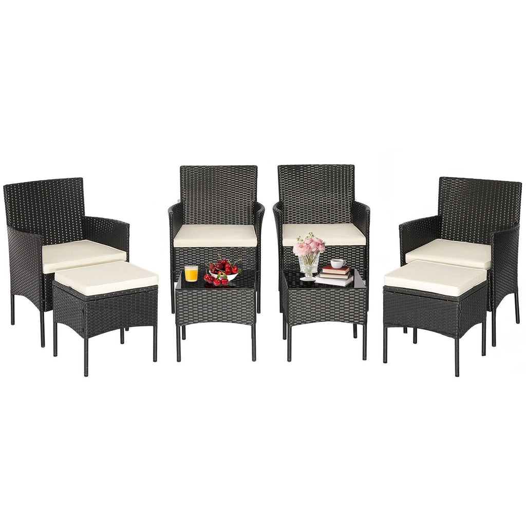 8-teiliges schwarzes Korb-Gartenmöbel-Set mit 4 Stühlen, 2 Hockern und 2 Glastischen, cremeweiß