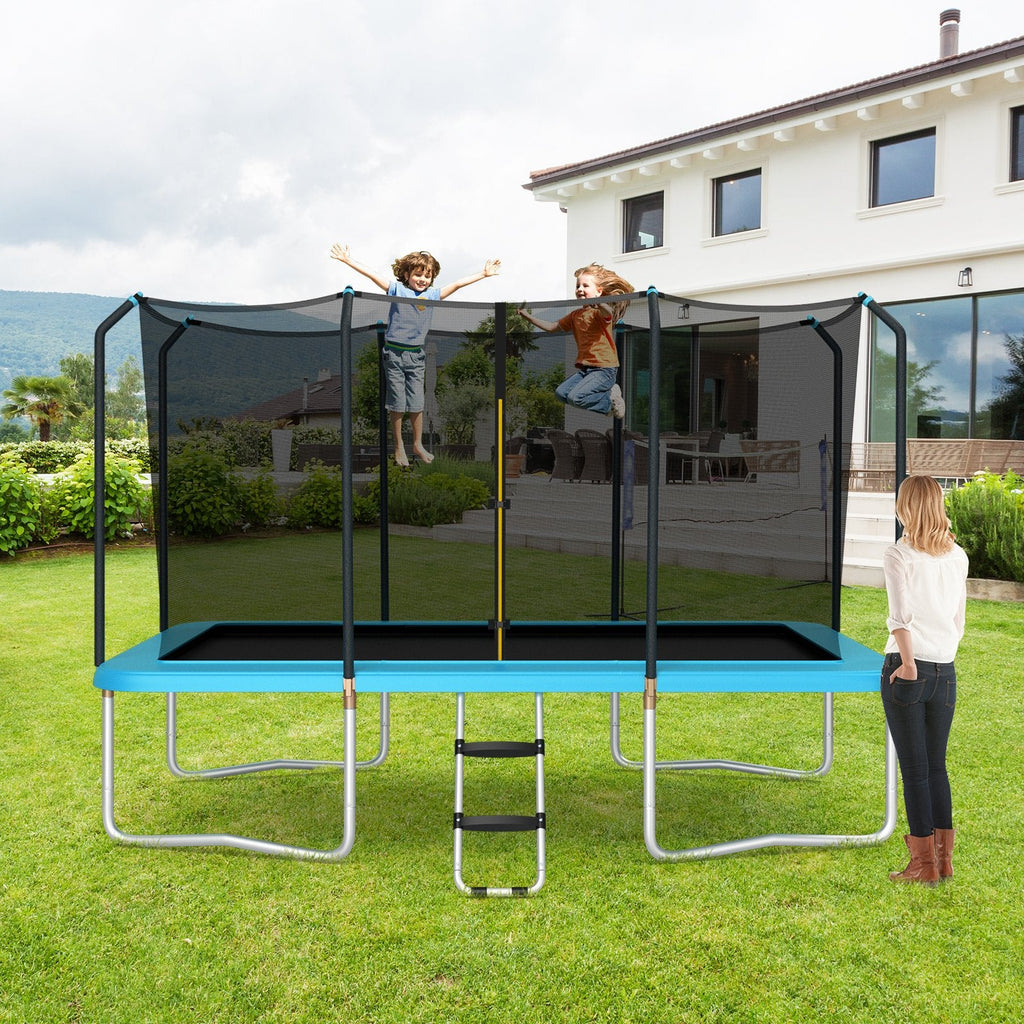 8 x 14 Fuß rechteckiges Freizeittrampolin mit Sicherheitsnetz und Leiter – Blau
