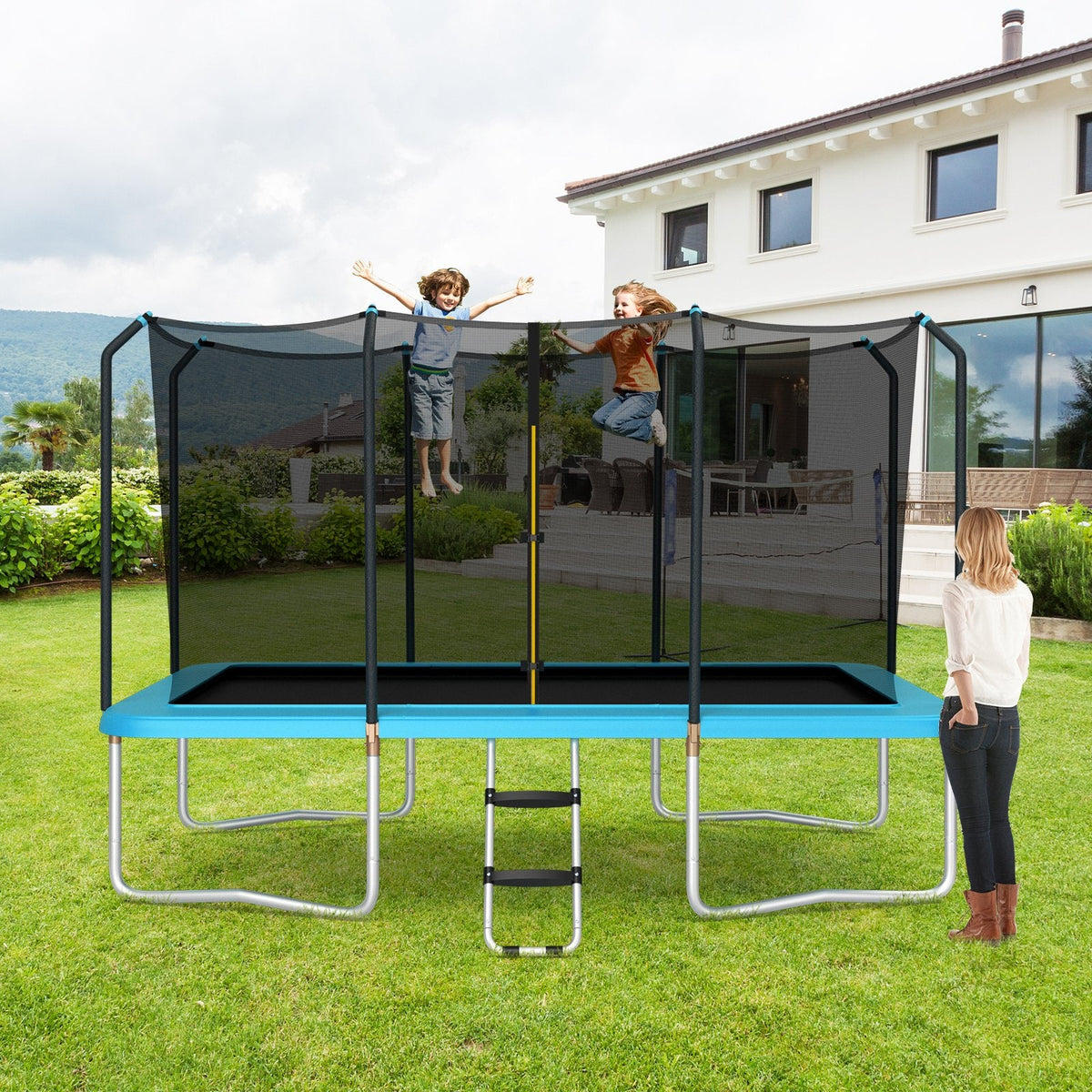 8 x 14 Fuß rechteckiges Freizeittrampolin mit Sicherheitsnetz und Leiter – Blau