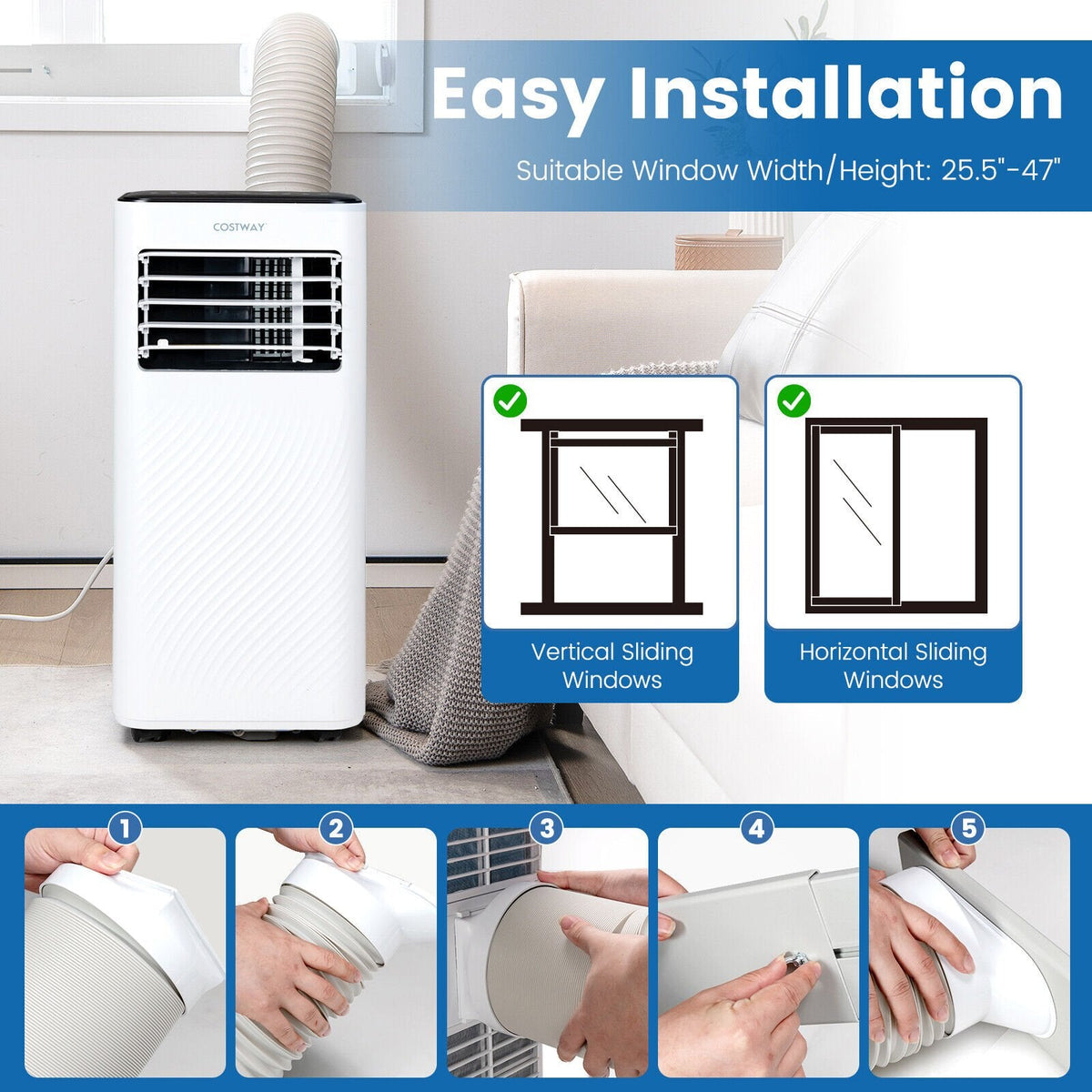Tragbare 8000-BTU-Klimaanlage mit Fernbedienung und Schlafmodus, Schwarz, 250 sq ft