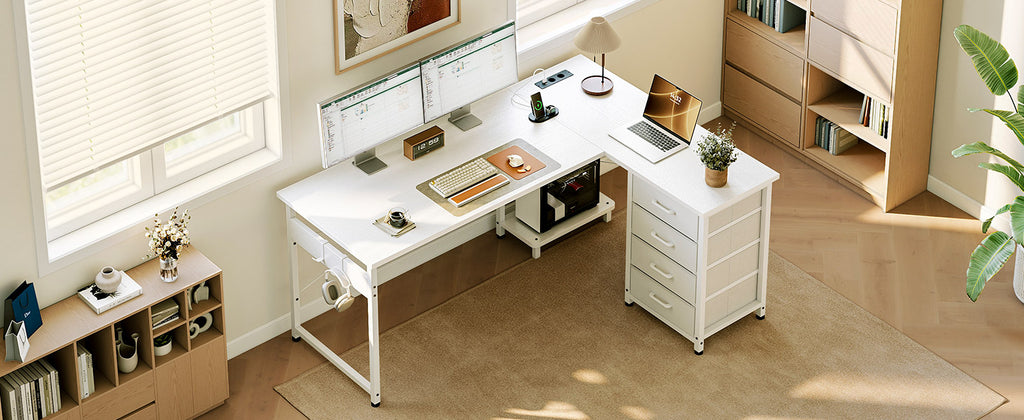 Colehome Corner desk with 4 Drawers, Reversible desk with Home Office Storage, 135 × 100 cm Bianco