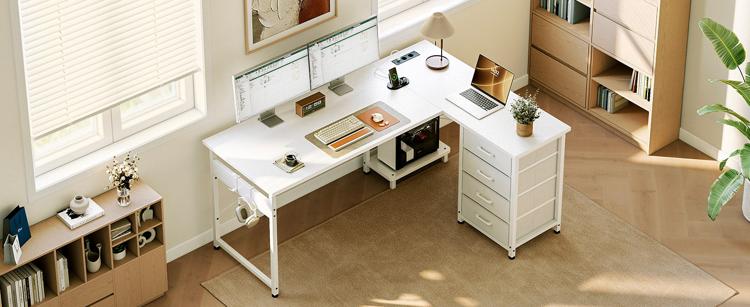 Colehome Corner desk with 4 Drawers, Reversible desk with Home Office Storage, 135 × 100 cm Bianco