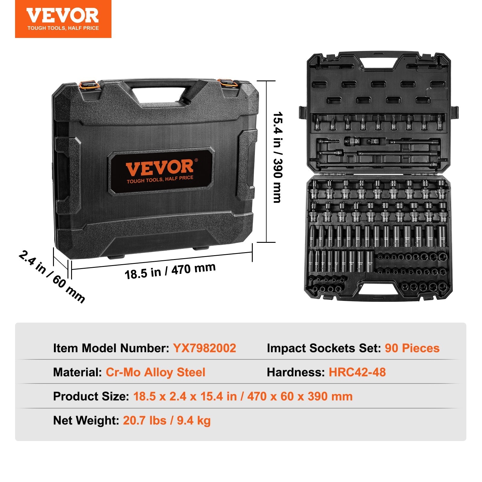 VEVOR Drive Impact Socket Set 6 Point Cr-Mo Alloy Steel For Auto Pear Daisy