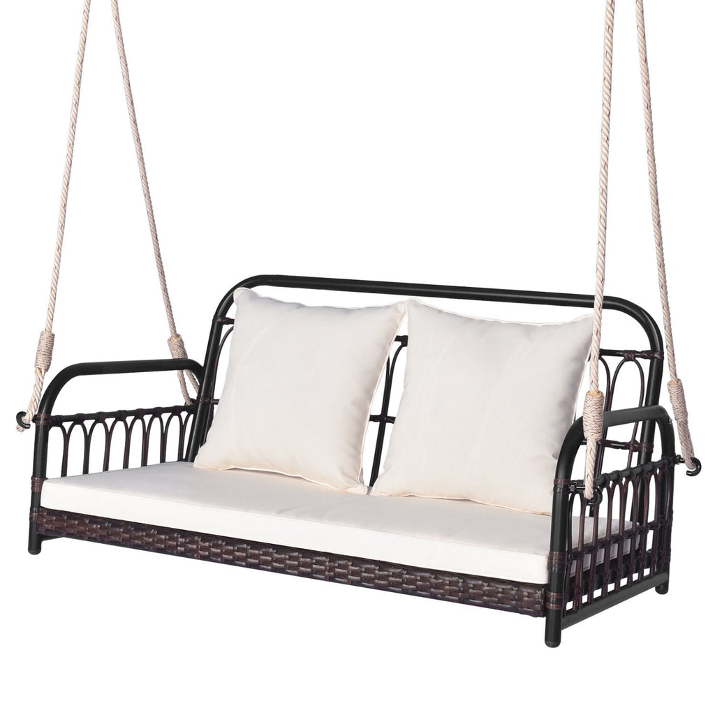 Columpio colgante de porche de mimbre de 880 libras con cojines - Blanco