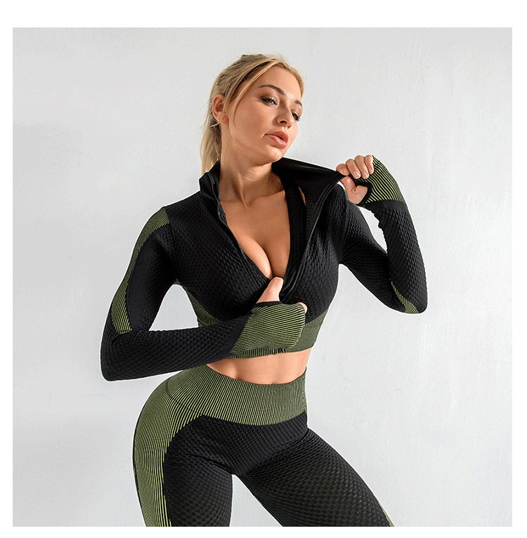 Nahtloses Yoga-Set für Damen aus Nylon – Kurzarm-Crop-Top & High-Waist-Leggings