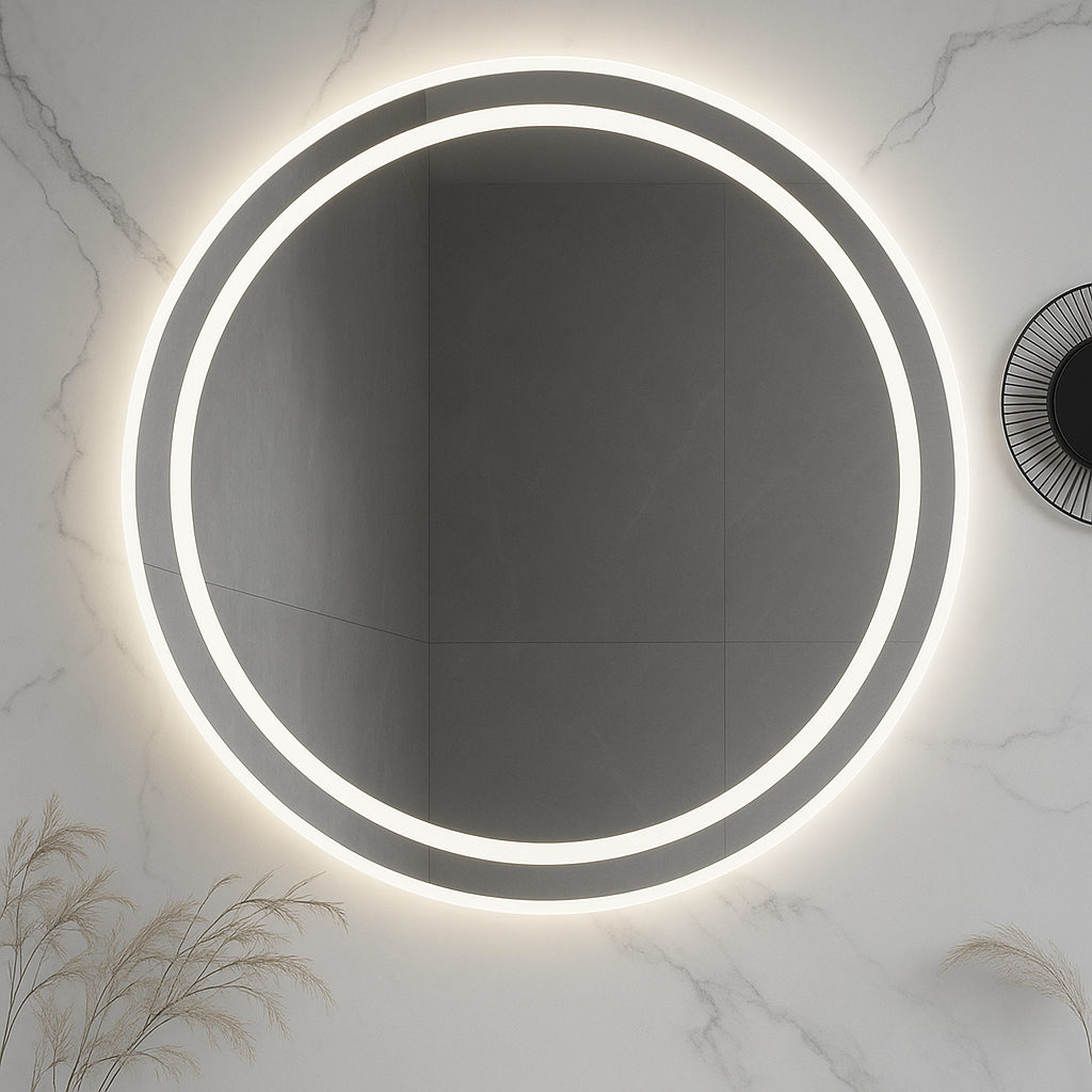 Ondelle Runder LED-Badezimmerspiegel – Frontbeleuchteter Ring + hinterleuchteter Halo, Antibeschlag, dimmbar | 24″, 28″, 32″