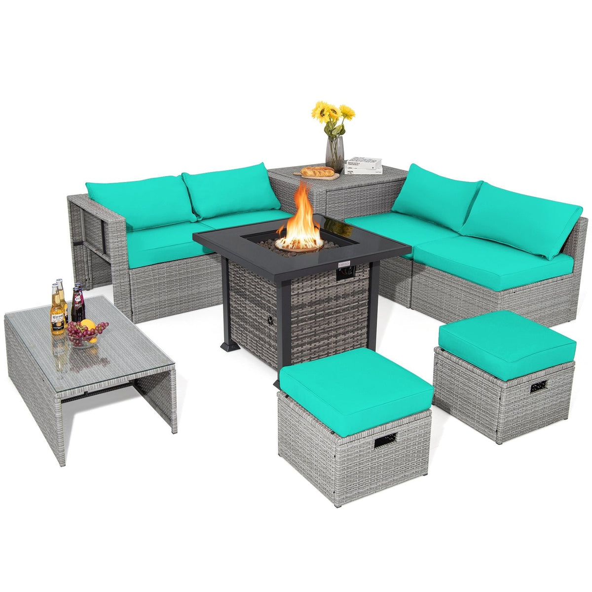 9-teiliges Gartenmöbel-Set mit 32-Zoll-Propangas-Feuertisch, Aufbewahrungsbox und 2 Fußhockern, Türkis