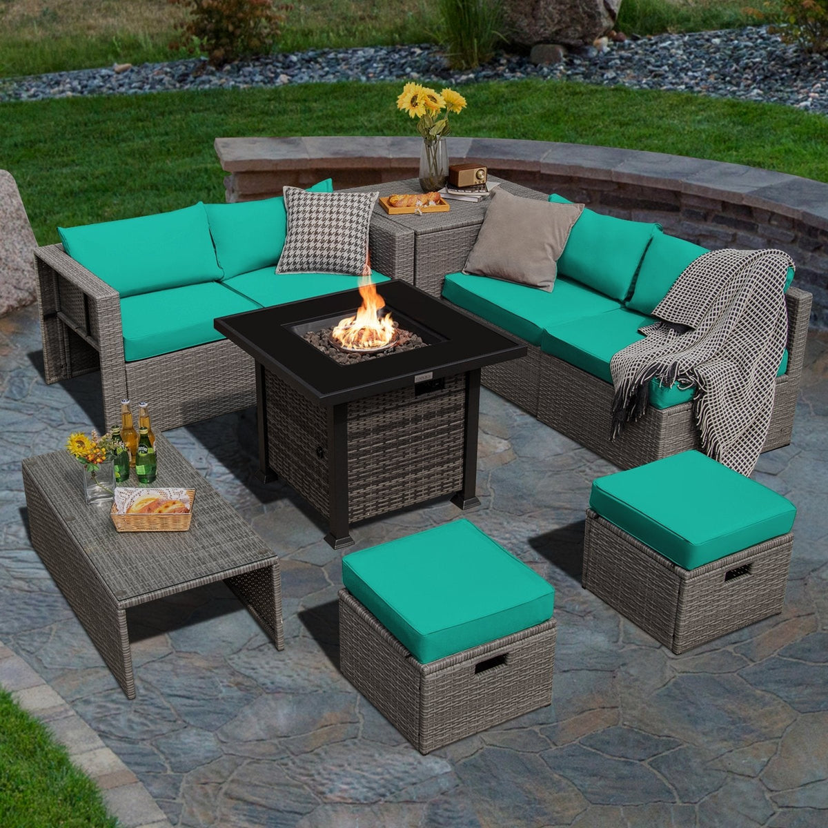 9-teiliges Gartenmöbel-Set mit 32-Zoll-Propangas-Feuertisch, Aufbewahrungsbox und 2 Fußhockern, Türkis
