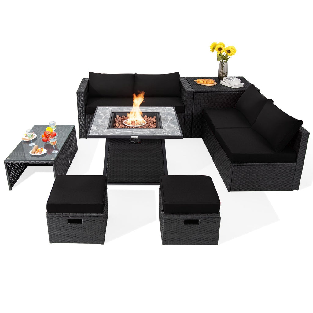 Ensemble de salon d’extérieur modulable en résine tressée 9 pièces avec table brasero au gaz de 35 pouces, coffre de rangement et 2 poufs, noir