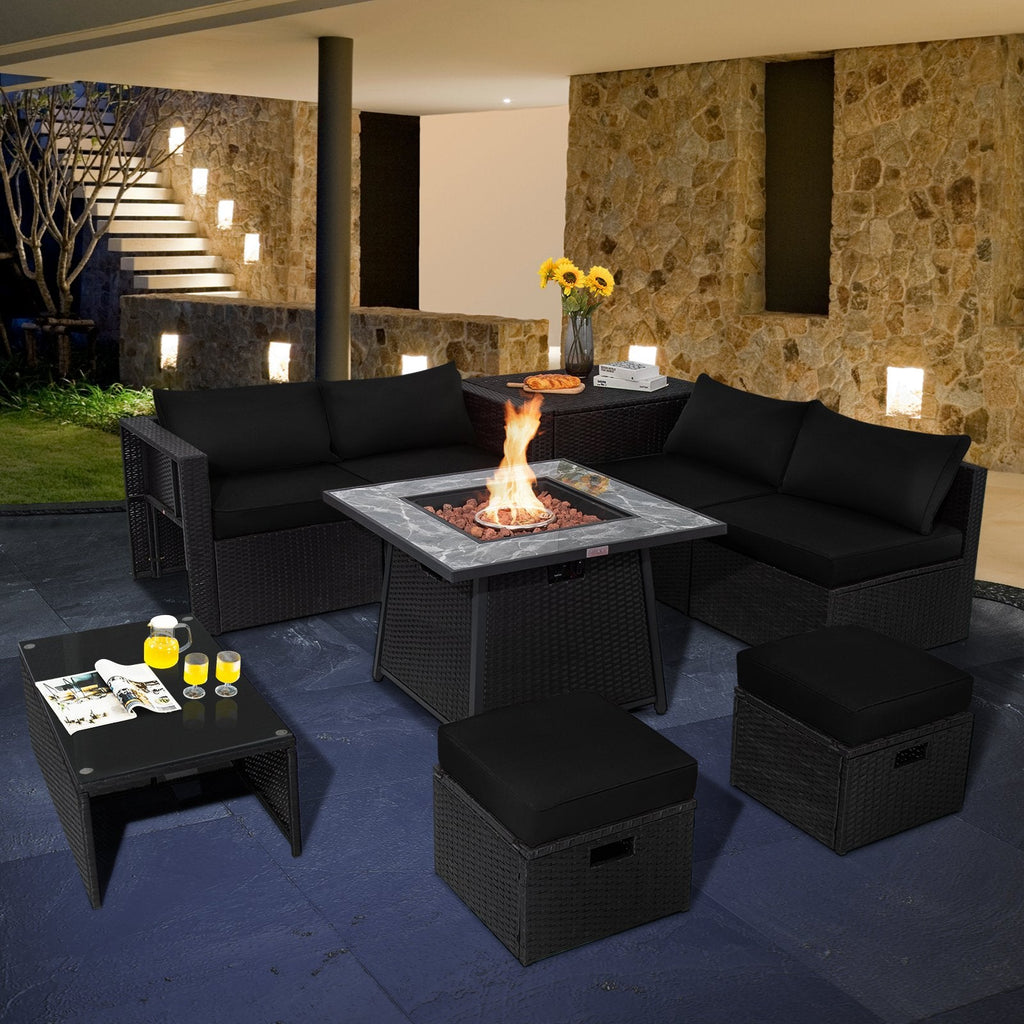 Ensemble de salon d’extérieur modulable en résine tressée 9 pièces avec table brasero au gaz de 35 pouces, coffre de rangement et 2 poufs, noir