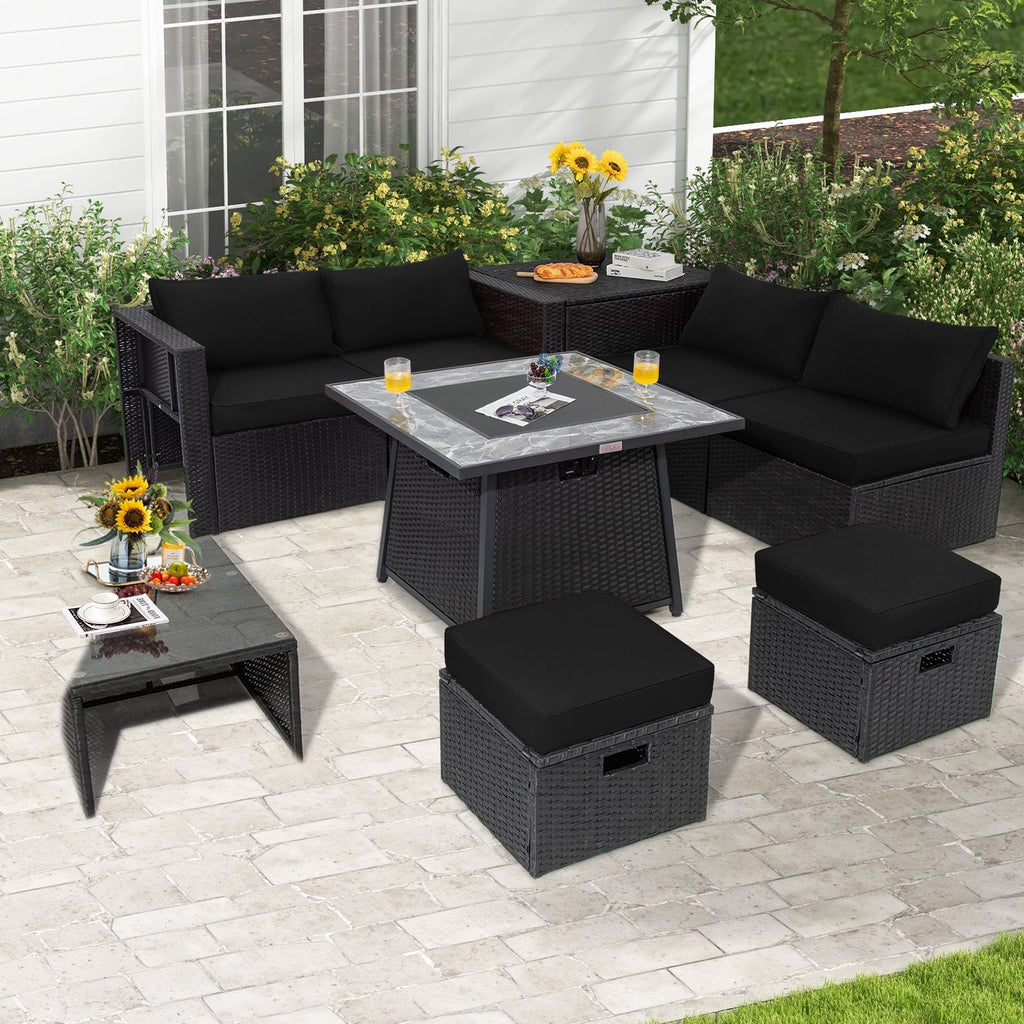 Ensemble de salon d’extérieur modulable en résine tressée 9 pièces avec table brasero au gaz de 35 pouces, coffre de rangement et 2 poufs, noir