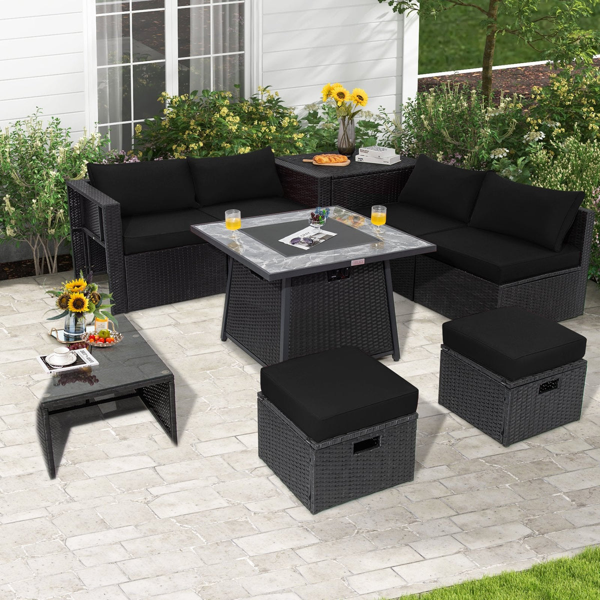 Ensemble de salon d’extérieur modulable en résine tressée 9 pièces avec table brasero au gaz de 35 pouces, coffre de rangement et 2 poufs, noir