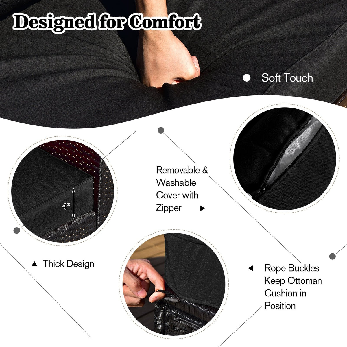 Ensemble de salon d’extérieur modulable en résine tressée 9 pièces avec table brasero au gaz de 35 pouces, coffre de rangement et 2 poufs, noir