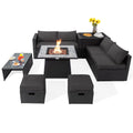 Seccional de patio de mimbre de 9 piezas con mesa de fuego a gas de 35 pulgadas, tope con patrón de mármol y gabinete para tanque, gris