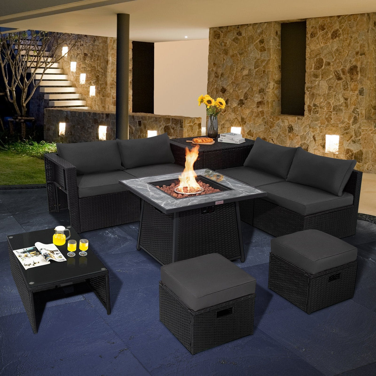Seccional de patio de mimbre de 9 piezas con mesa de fuego a gas de 35 pulgadas, tope con patrón de mármol y gabinete para tanque, gris