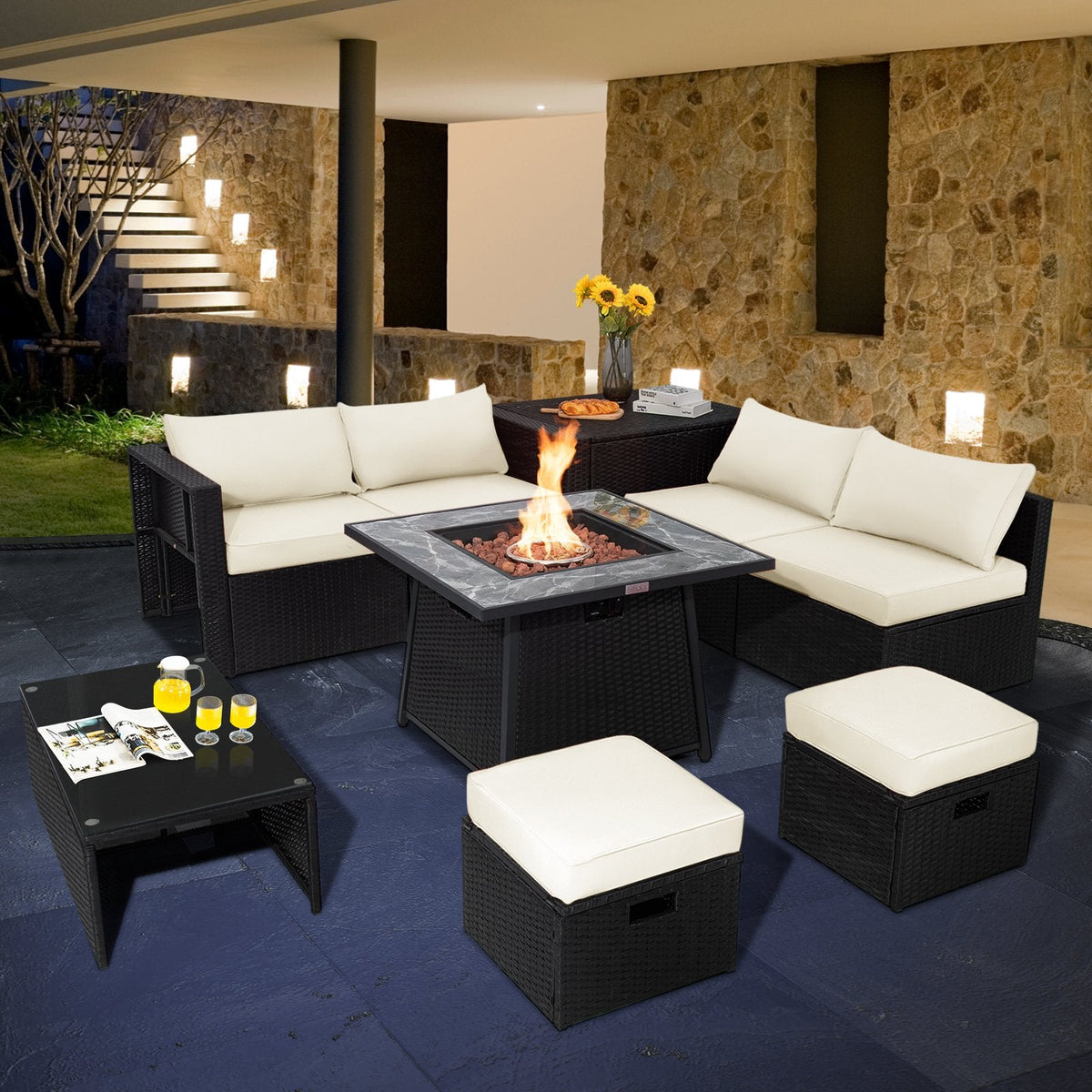 9 Piece Wicker Patio Sectional with 35 Inch Gas Fire Table, Storage Box and 2 Ottomans, Off White