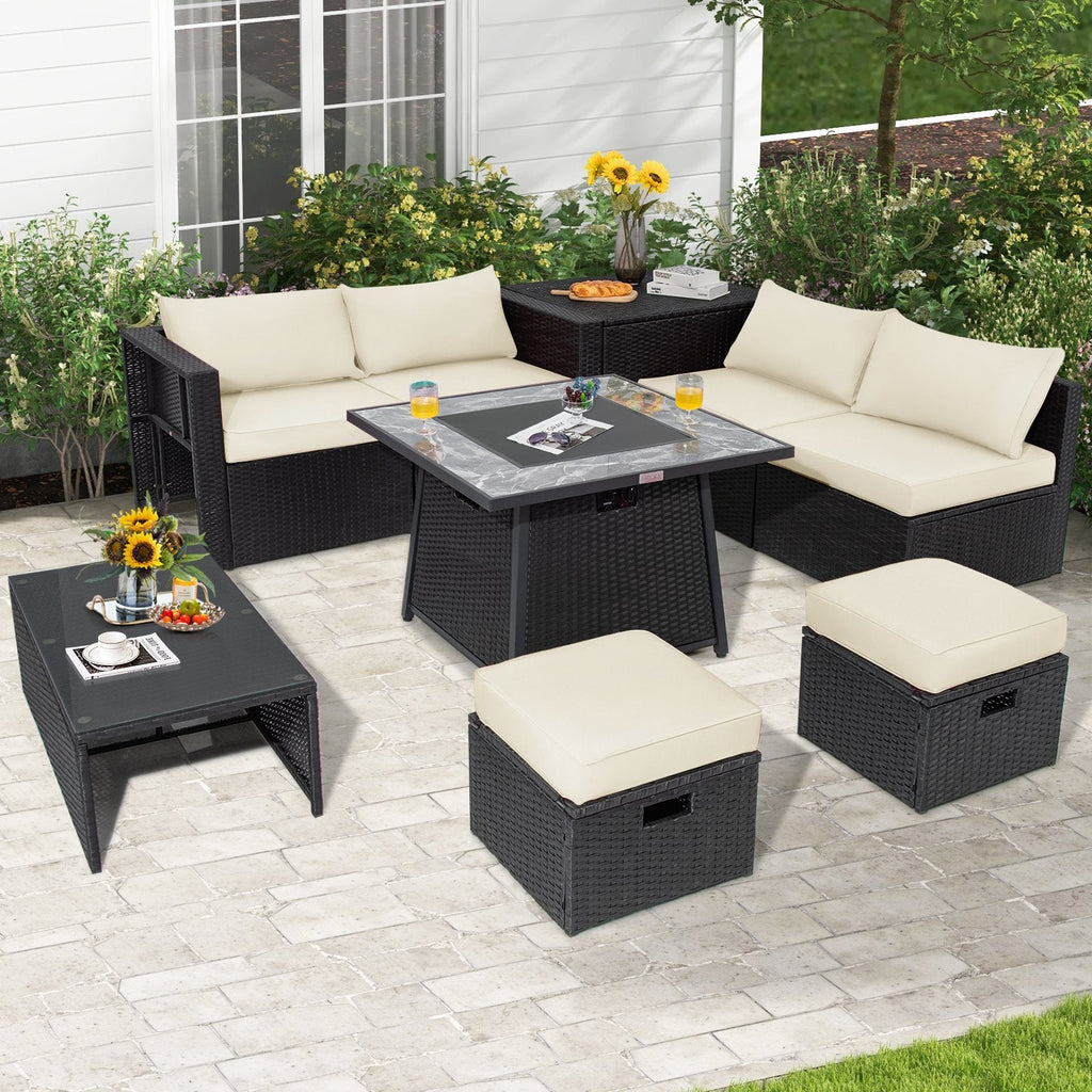 9 Piece Wicker Patio Sectional with 35 Inch Gas Fire Table, Storage Box and 2 Ottomans, Off White