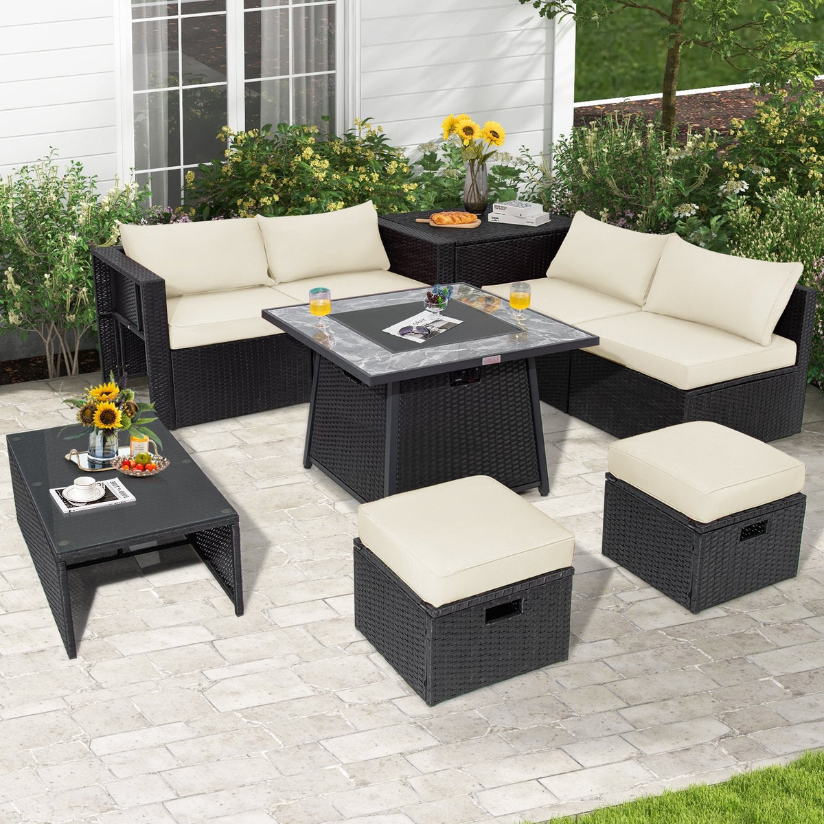 9 Piece Wicker Patio Sectional with 35 Inch Gas Fire Table, Storage Box and 2 Ottomans, Off White