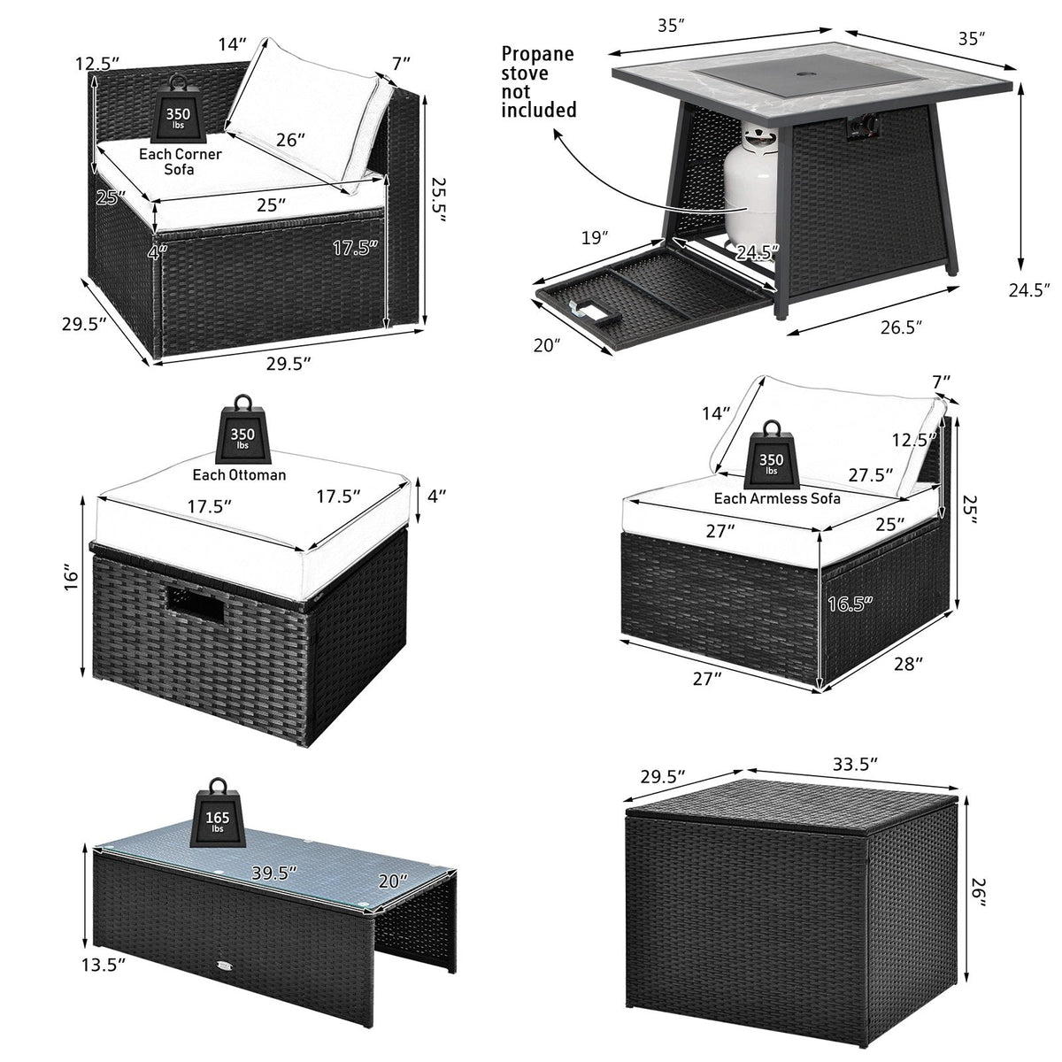 9 Piece Wicker Patio Sectional with 35 Inch Gas Fire Table, Storage Box and 2 Ottomans, Off White