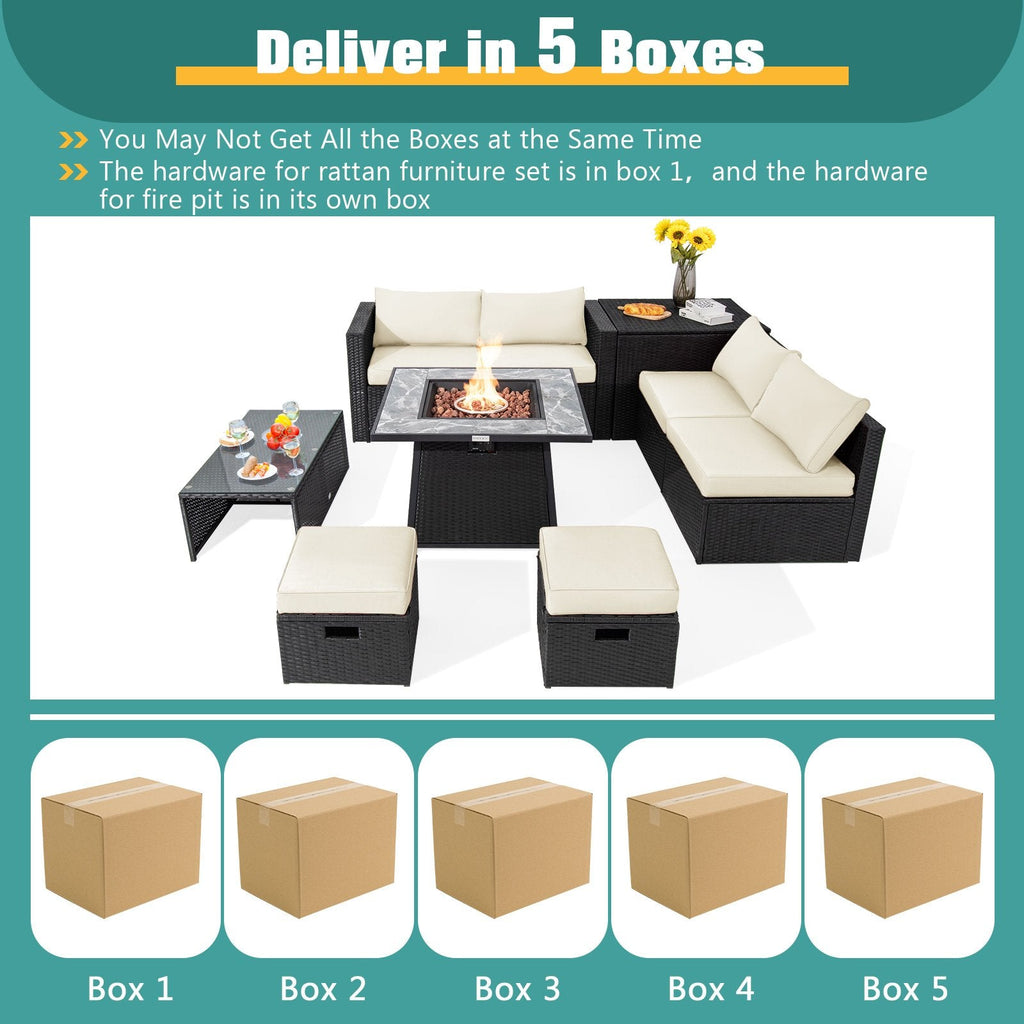 9 Piece Wicker Patio Sectional with 35 Inch Gas Fire Table, Storage Box and 2 Ottomans, Off White