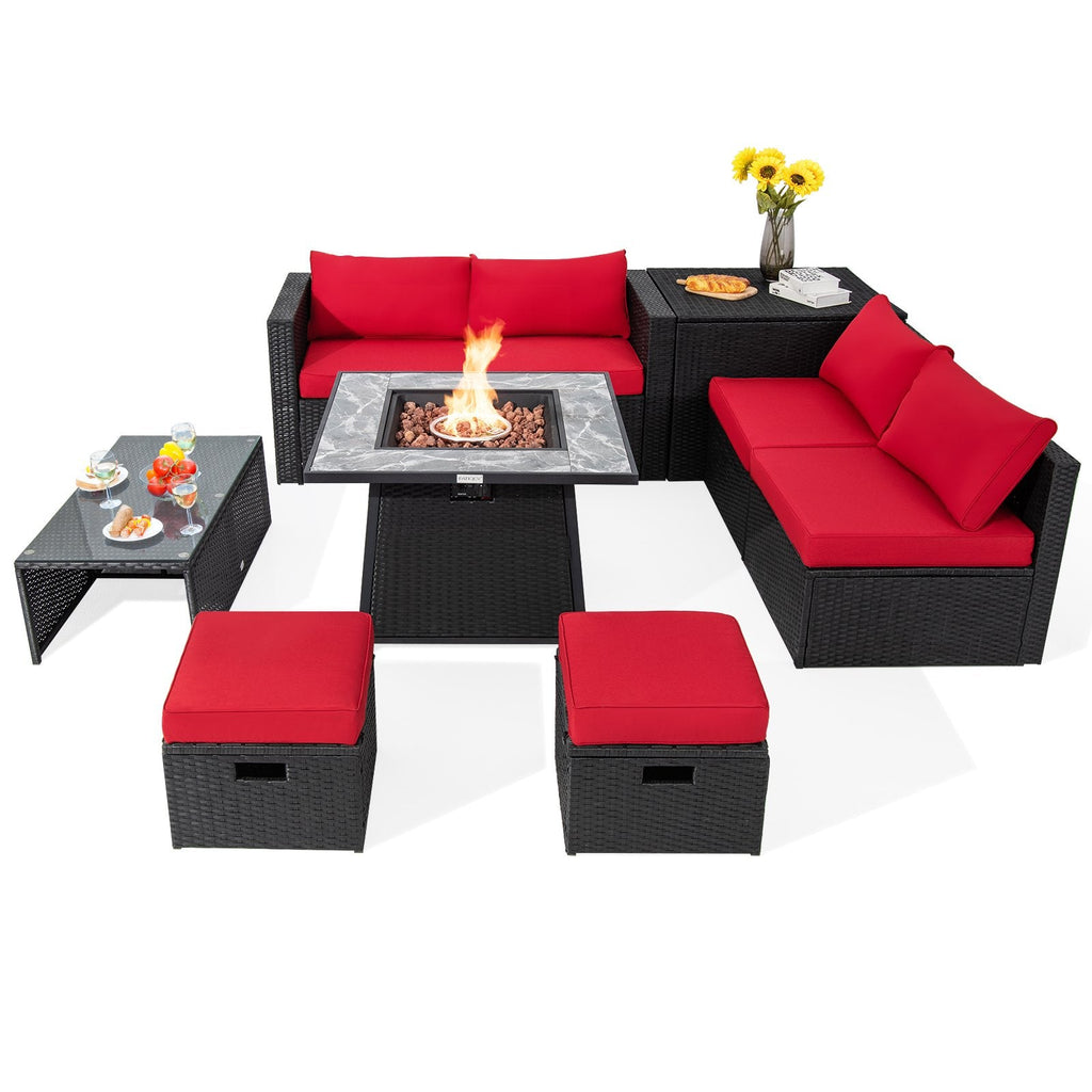 Canapé de jardin modulable en rotin 9 pièces avec table à gaz de 35 pouces et meuble dissimulé pour la bouteille, rouge