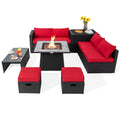 Canapé de jardin modulable en rotin 9 pièces avec table à gaz de 35 pouces et meuble dissimulé pour la bouteille, rouge