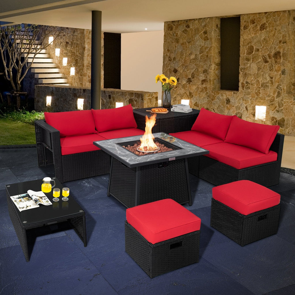 Canapé de jardin modulable en rotin 9 pièces avec table à gaz de 35 pouces et meuble dissimulé pour la bouteille, rouge