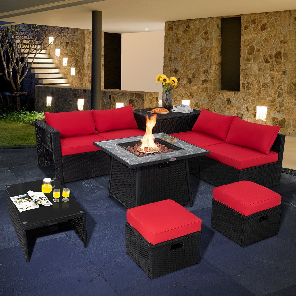 Canapé de jardin modulable en rotin 9 pièces avec table à gaz de 35 pouces et meuble dissimulé pour la bouteille, rouge