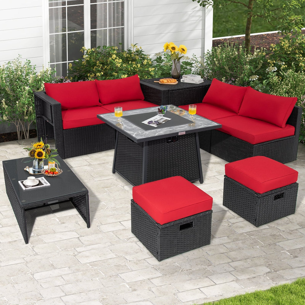 Canapé de jardin modulable en rotin 9 pièces avec table à gaz de 35 pouces et meuble dissimulé pour la bouteille, rouge