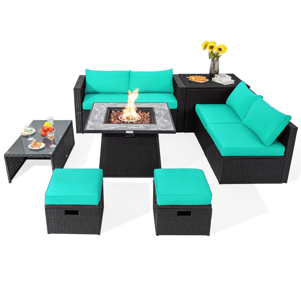 Conjunto seccional de mimbre de 9 piezas con mesa de fuego a gas de 35 pulgadas y tapa extraíble, seis asientos y almacenamiento, color turquesa
