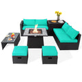 Conjunto seccional de mimbre de 9 piezas con mesa de fuego a gas de 35 pulgadas y tapa extraíble, seis asientos y almacenamiento, color turquesa