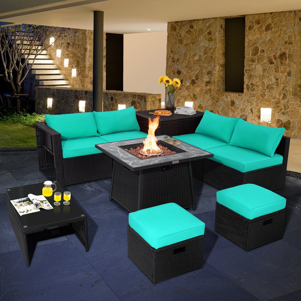 Conjunto seccional de mimbre de 9 piezas con mesa de fuego a gas de 35 pulgadas y tapa extraíble, seis asientos y almacenamiento, color turquesa