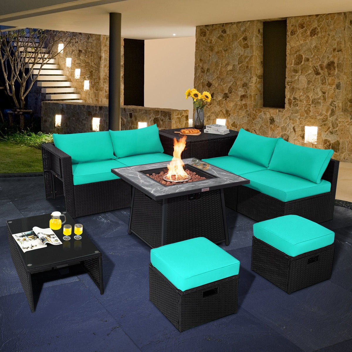 Conjunto seccional de mimbre de 9 piezas con mesa de fuego a gas de 35 pulgadas y tapa extraíble, seis asientos y almacenamiento, color turquesa