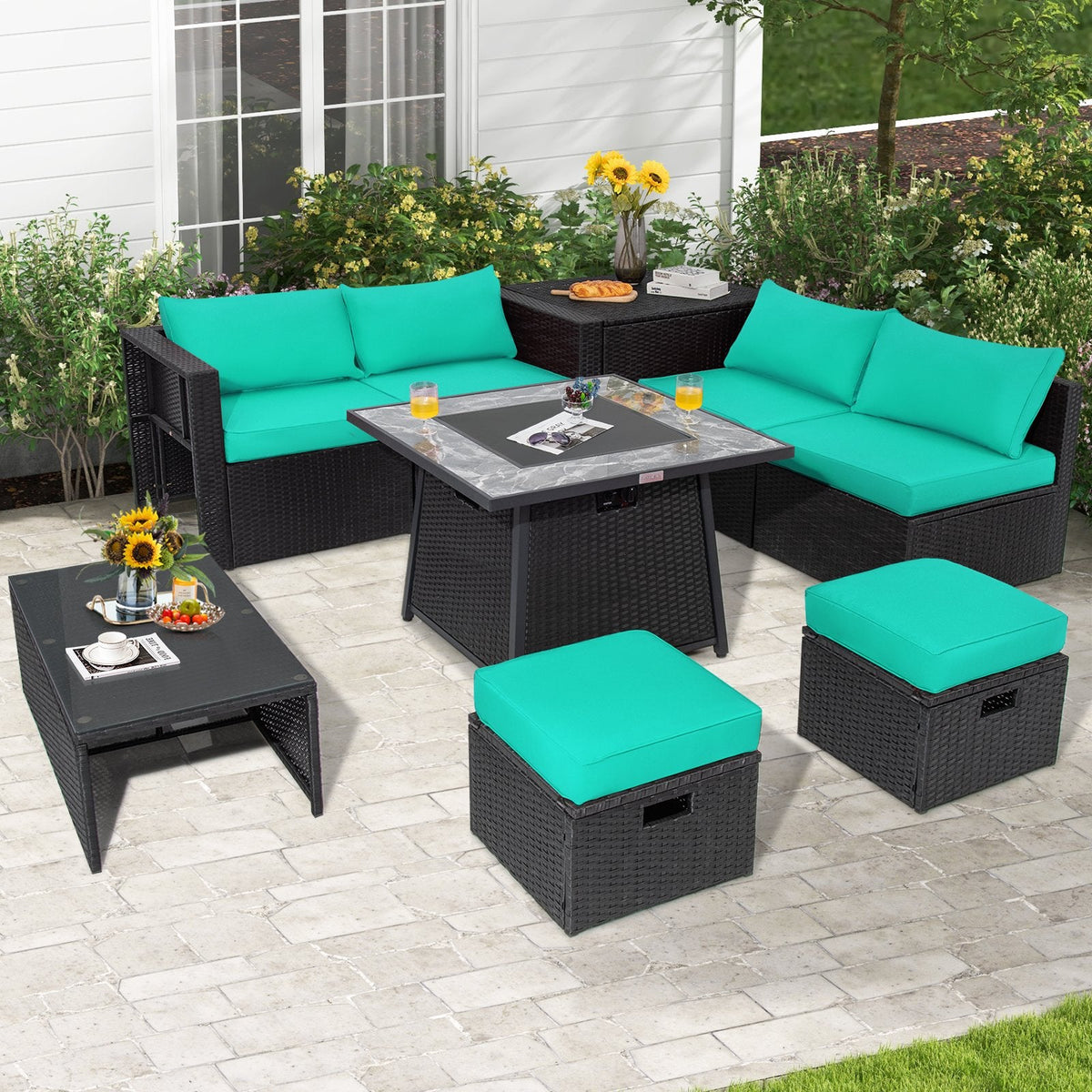 Conjunto seccional de mimbre de 9 piezas con mesa de fuego a gas de 35 pulgadas y tapa extraíble, seis asientos y almacenamiento, color turquesa