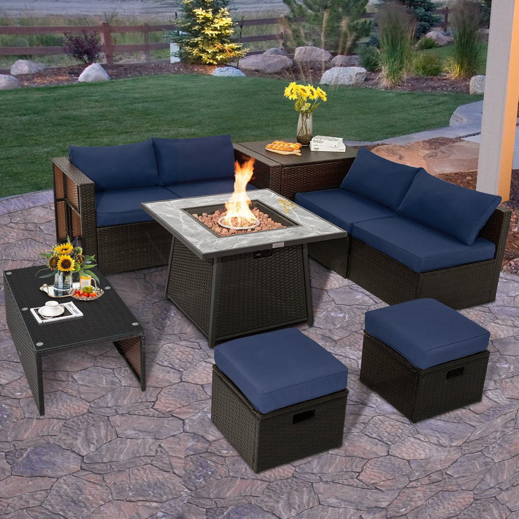 Seccional de patio de mimbre de 9 piezas con mesa de fuego de gas de 50,000 BTU, estructura de acero inoxidable y almacenamiento, azul marino