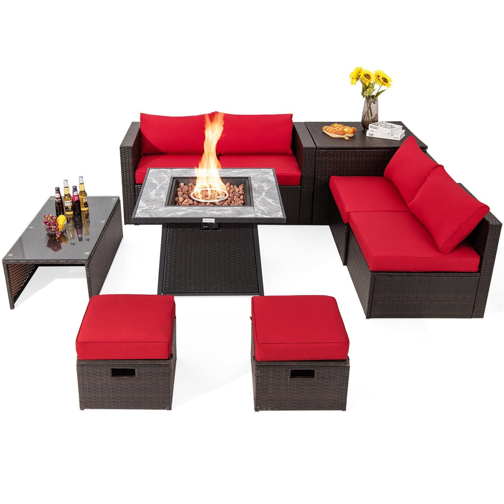 Ensemble de salon de jardin modulable en résine tressée 9 pièces avec table à brasero carrée de 50 000 BTU et deux housses incluses, rouge