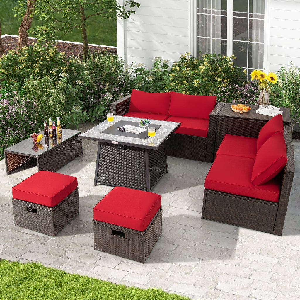 Ensemble de salon de jardin modulable en résine tressée 9 pièces avec table à brasero carrée de 50 000 BTU et deux housses incluses, rouge