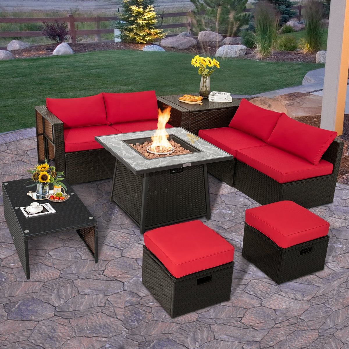 Ensemble de salon de jardin modulable en résine tressée 9 pièces avec table à brasero carrée de 50 000 BTU et deux housses incluses, rouge