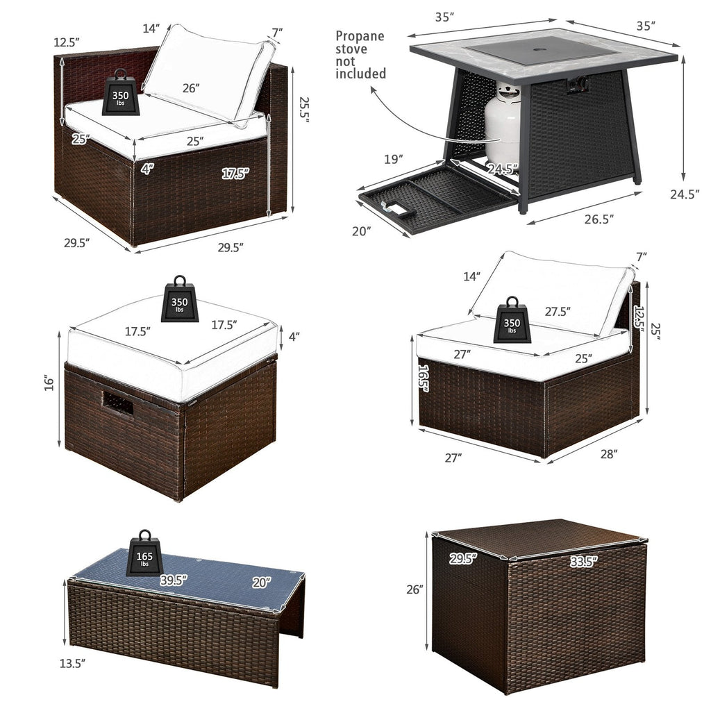 Ensemble de salon de jardin modulable en résine tressée 9 pièces avec table à brasero carrée de 50 000 BTU et deux housses incluses, rouge