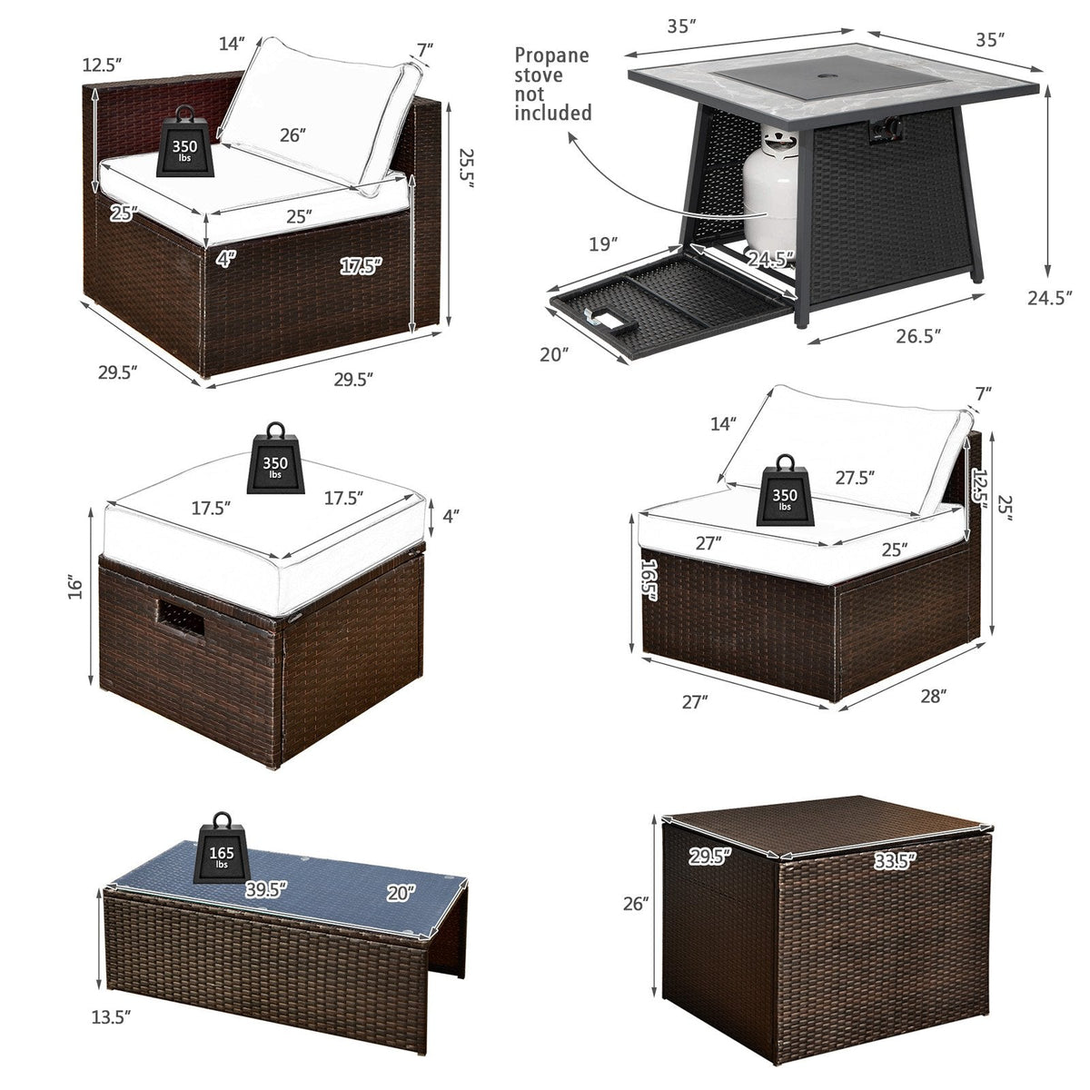 Ensemble de salon de jardin modulable en résine tressée 9 pièces avec table à brasero carrée de 50 000 BTU et deux housses incluses, rouge