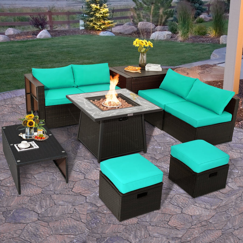 Conjunto seccional de mimbre de 9 piezas con mesa de fogón de 50 000 BTU, seis asientos y tres piezas de almacenamiento, color turquesa