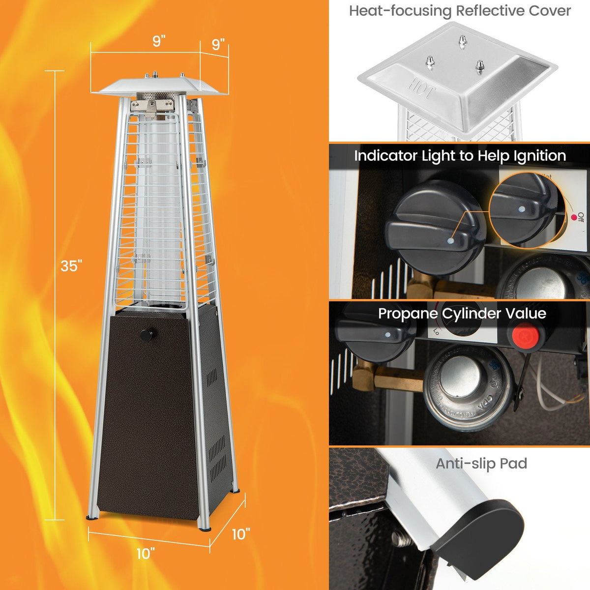 Chauffage de terrasse portable en acier de 9 500 BTU avec tube en verre