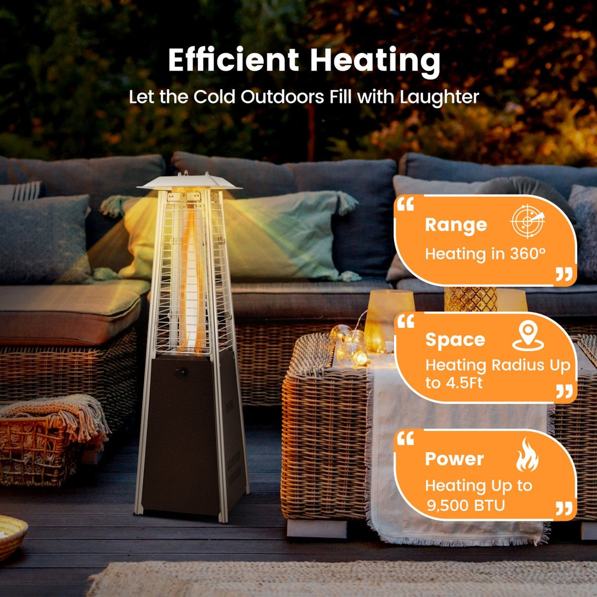 Chauffage de terrasse portable en acier de 9 500 BTU avec tube en verre