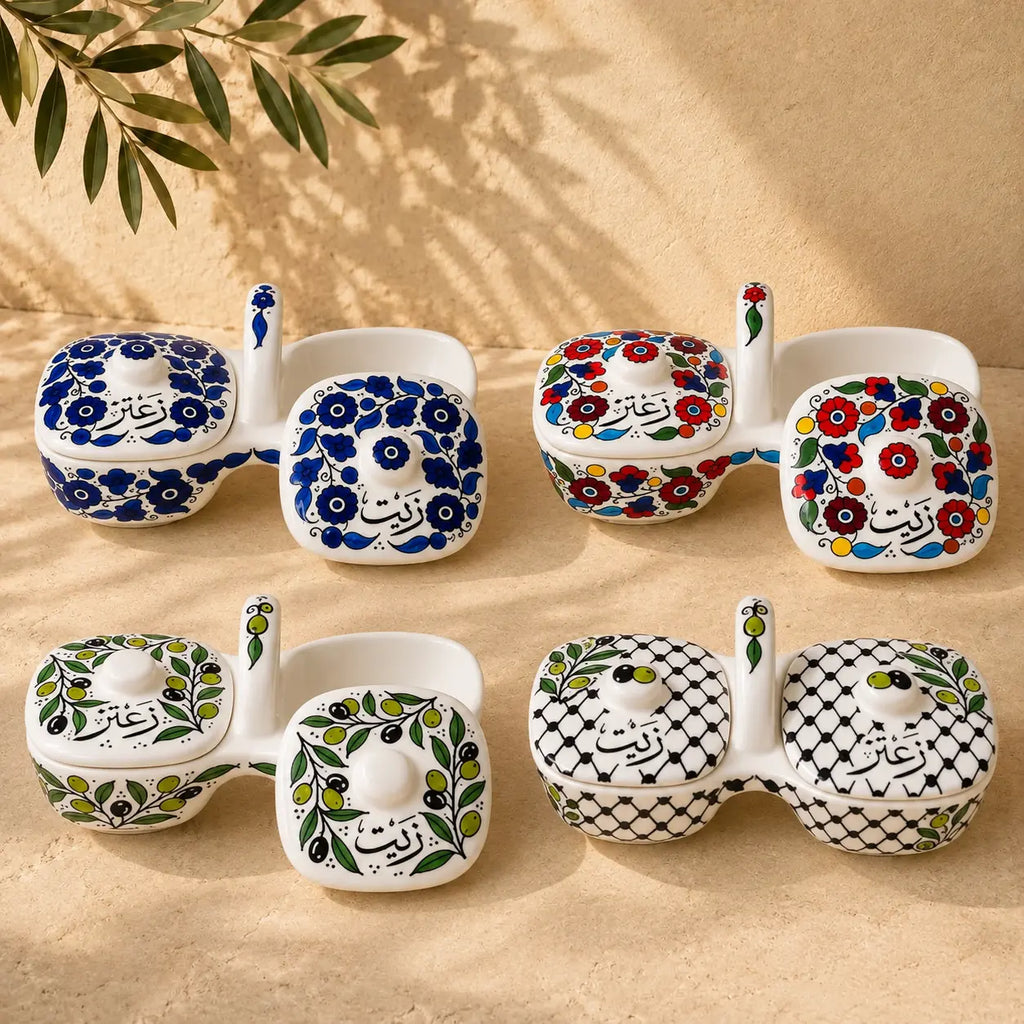 Handmade Ceramic Olive Oil & Za'atar Dish Set – 4.5 × 9.5 in