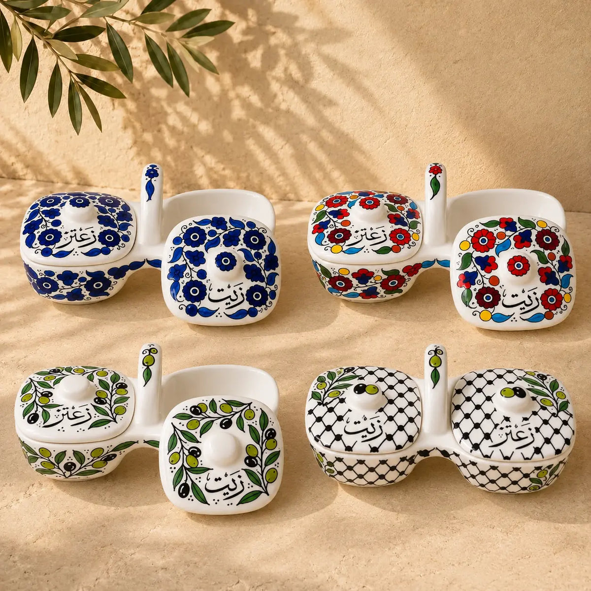 Handmade Ceramic Olive Oil & Za'atar Dish Set – 4.5 × 9.5 in
