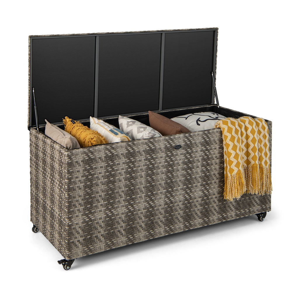 Caja de almacenamiento exterior de mimbre de PE de 96 galones con 4 ruedas - Gris